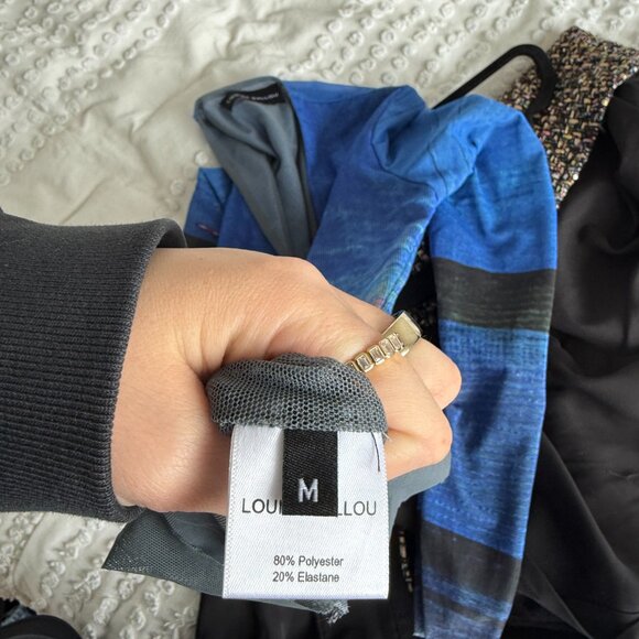 Louisa Ballou Mini Dress Semi-Sheer Blue Mesh Printed Deep V-Neck Ring Accent - Picture 3 of 9